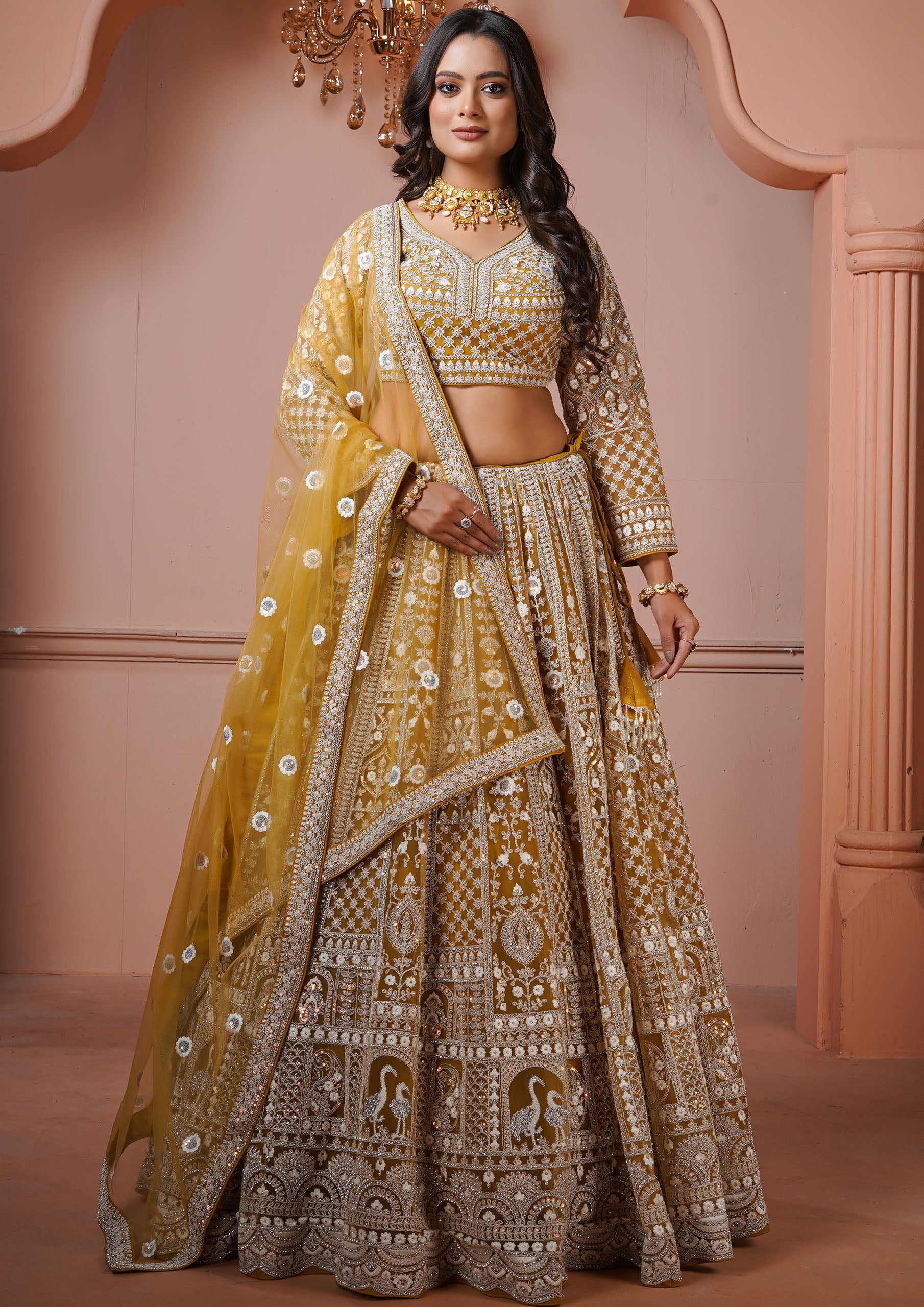 Mustard Yellow Net Embellished Lehenga Choli with Net Dupatta